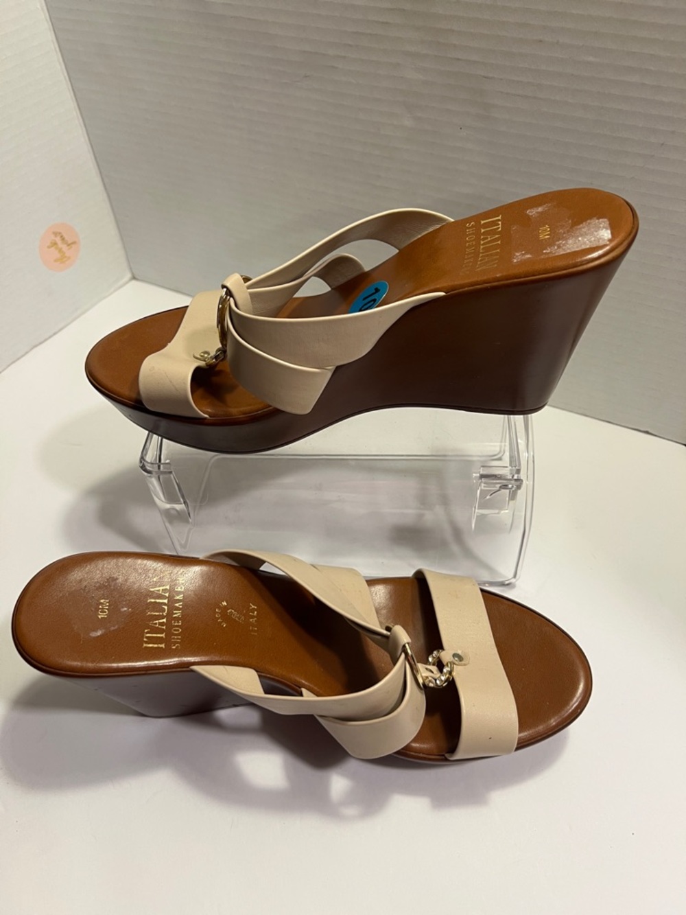 Italina Cream and Brown Wedge Slide Sandals with Gold Ring Accent